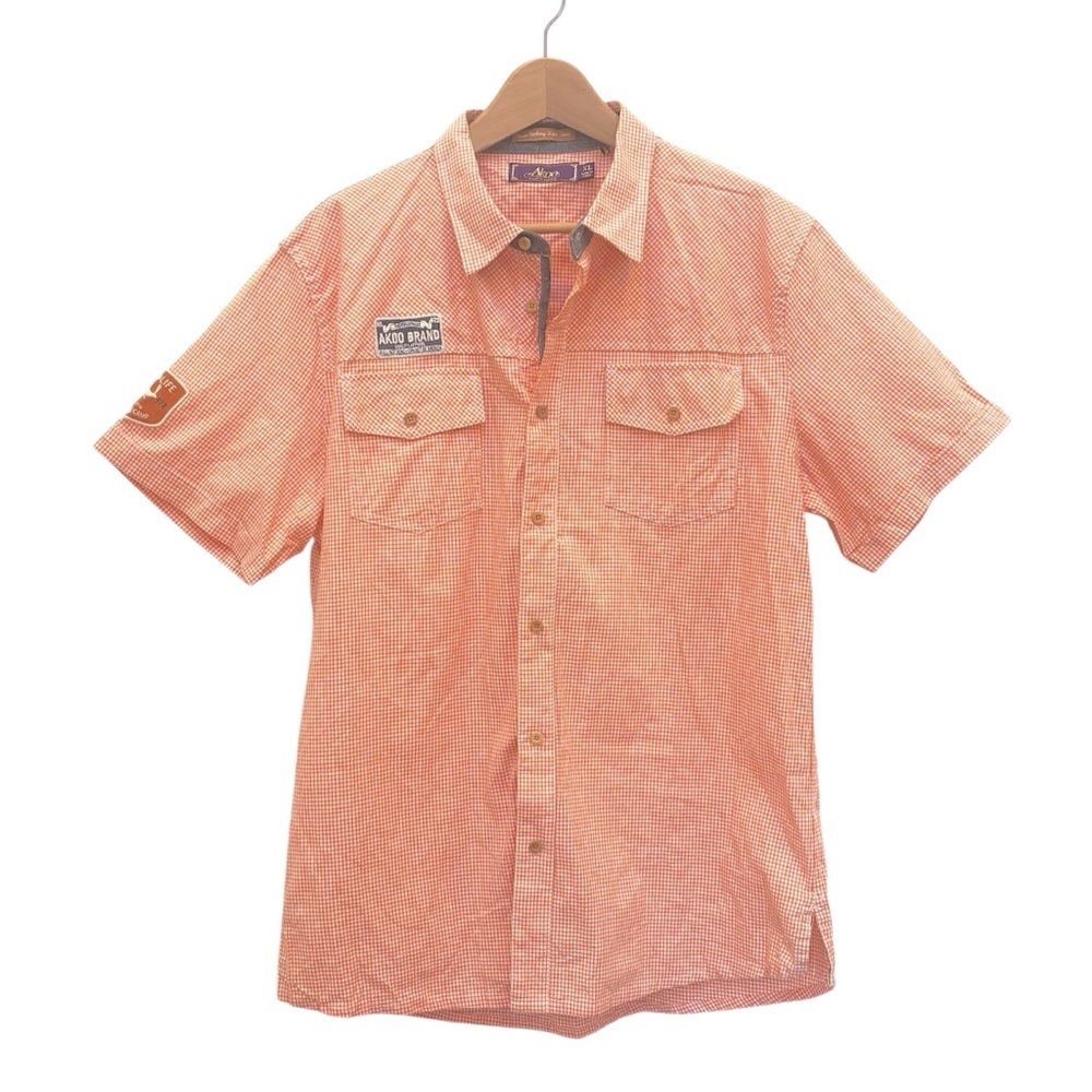 Akoo Plaid Button Up Short Sleeve Shirt Embroidered Patches Orange White XL